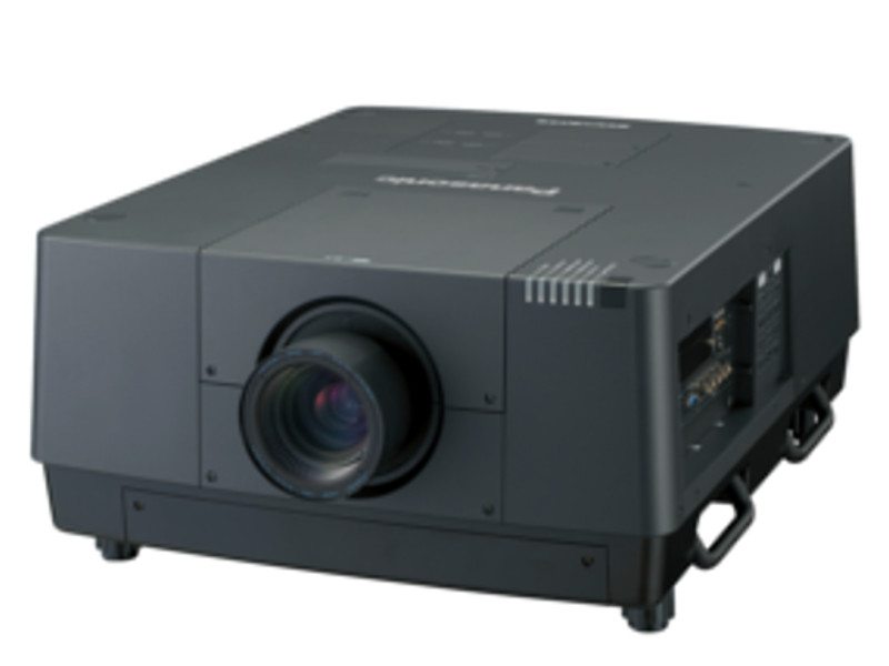 Black Panasonic PT-EX16KE projector with 16000 lumens brightness, featuring a large central lens, front control panel, side ventilation grilles, and sturdy side handles—excellent for professional presentations or event hall rentals.