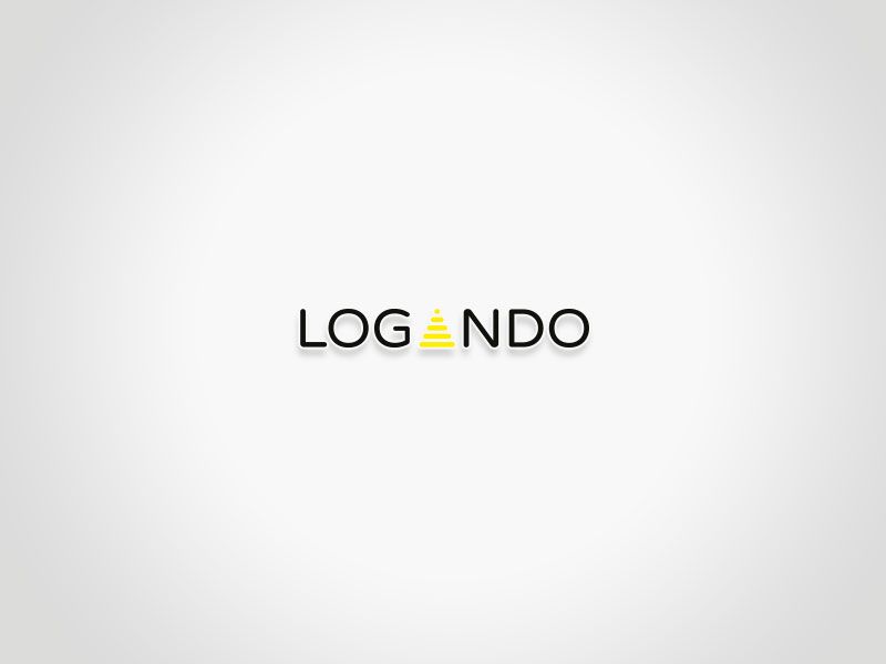 LOGANDO minimalist logo on a white background, with the word LOGANDO in bold black letters; the letter A is creatively replaced by a yellow stack of horizontal lines shaped like a cone or stylized tree.