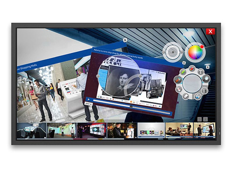 70 Inch NEC MultiSync E705 SST 6-point Multitouch Display showing an interactive interface with photo editing tools, color wheel, and layered images of portraits and shopping mall scenes; large touchscreen monitor for collaborative or creative work, now available for purchase.