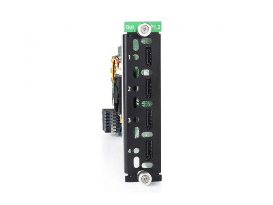 Close-up of the Barco DisplayPort 1.2 Output Card, showing four clearly labeled DisplayPort 1.2 output ports (numbered 1–4) and a green Out DP1.2 label at the top, designed for high-resolution video output connectivity.