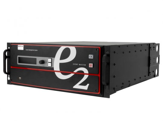 Barco E2 Gen2 Configuration (new) rack-mounted black screen management system with side handles and a prominent white e2 logo on the front panel. Designed for professional AV control, the unit features a sleek, durable design suitable for event production and large-scale video presentation.
