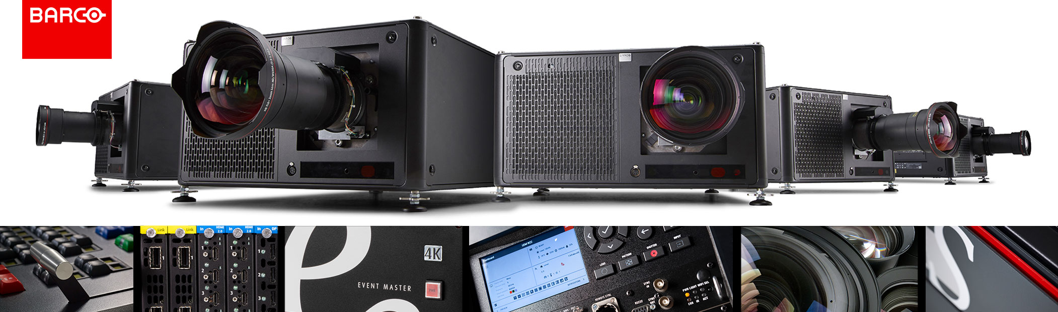 Close-up of multiple Barco projectors in a row, with the red Barco logo at top left. Detailed images below highlight projector controls, ports, lenses, and digital display screens. Barco projectors are shown for professional AV or large venue use.
