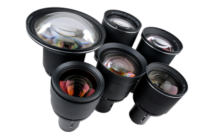 Six camera lenses with large glass elements—each featuring different focal lengths and specialty lens coatings—are neatly arranged in a semi-circle on a white background, showcasing a variety of professional photography lenses suitable for DSLR and mirrorless cameras.