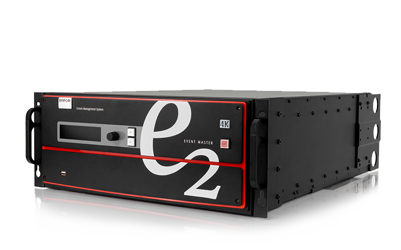 Barco Event Master E2 4K Video Processor shown from the front on a white background; the black rectangular device features a red outline, small front display screen, labeled buttons, and Barco logos.