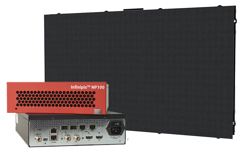 Infinipix NP100 LED display controller in red, shown alongside a gray electronic device, both positioned in front of a large LED display panel; various ports and connectors are visible on the front side of each device.