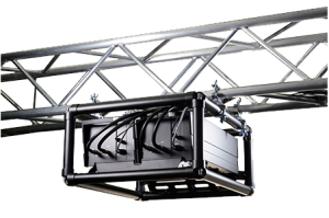 Black electronic device with several connected cables mounted inside a rectangular metal frame, attached to a silver truss structure for stage or event production equipment.