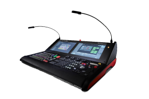 Professional video switcher console for live production, featuring dual built-in touchscreens, multiple control buttons and knobs, and two adjustable gooseneck lights.