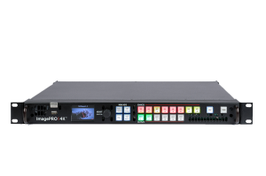 Barco ImagePRO 4K video processor, black rack-mounted unit with a front panel featuring a small display screen, multiple input/output ports, and colorful labeled control buttons for professional video signal management.