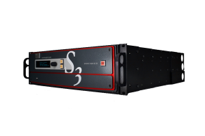 Event Master S3 device – black rack-mounted video processing unit with red trim, front display screen, multiple control buttons, and large white “S3” logo on the front panel, shown on a reflective surface against a plain background.
