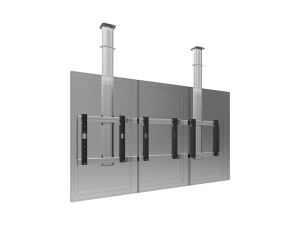 SmartMetals ceiling-mounted dual-screen TV bracket with adjustable vertical poles and sturdy horizontal support arms, designed to securely hold two large flat panel displays side by side; shown against a white background.
