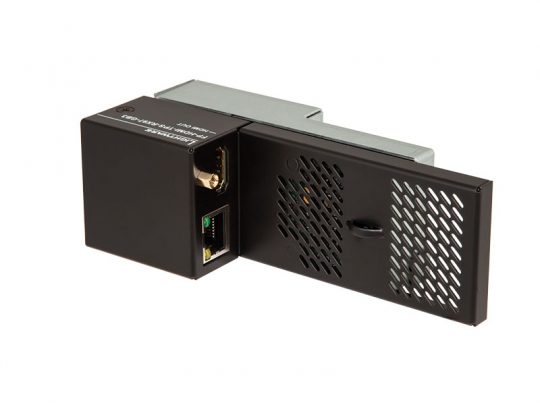 Black and silver electronic network module featuring ventilation holes, an Ethernet port, and a power connector—used for connecting or expanding networked devices.