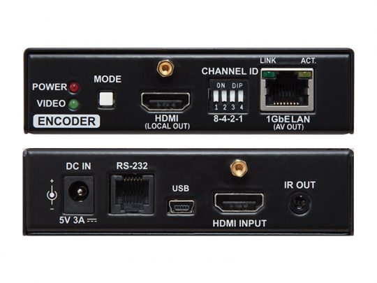 Two black AV-over-IP device panels, each featuring HDMI, USB, RS-232, DC input ports, IR out, Gigabit Ethernet LAN port, DIP switches labeled “CHANNEL ID”, LED indicator lights for power, video and mode status, and clearly marked connection labels—ideal for professional audio-visual signal distribution and networked media installations.