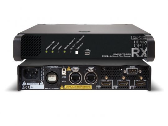 Front and back view of a black HDMI 2.0 multimedia fiber receiver; front panel features status LEDs and a USB port, while the rear panel displays power input, optical fiber, Ethernet, HDMI output, USB, and RS-232 ports for versatile connectivity.