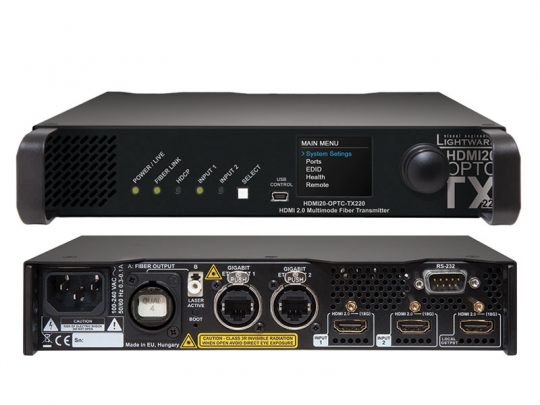 Front and rear view of the Lightware HDMI20-OPT-TX2200 fiber transmitter, showing status LED indicators, control buttons, and multiple ports including fiber optic, gigabit Ethernet, HDMI input/output, and power connections. Ideal for high-speed HDMI signal transmission over long distances via fiber.