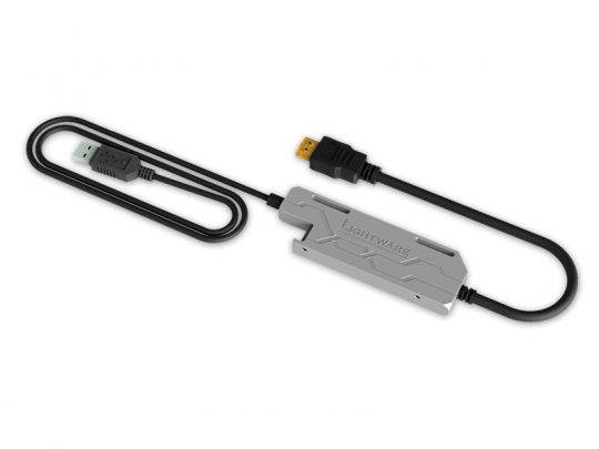 Lightware USB to HDMI Cable Adapter – A black cable with a USB connector on one end and an HDMI connector on the other, neatly coiled around a compact silver rectangular device labeled “Lightware.” Ideal for connecting computers to monitors or TVs.