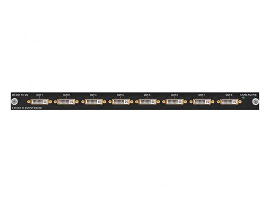 Back view of a black electronic DVI output panel featuring eight DVI ports labeled OUT 1 to OUT 8, with a CARD ACTIVE indicator light on the right; ideal for video distribution and display setups.