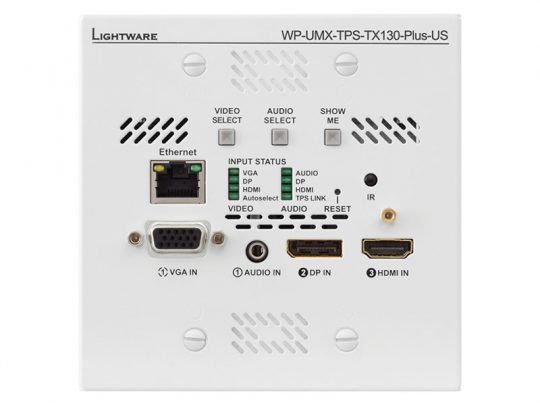 Front view of Lightware WP-UMX-TPS-TX130-Plus-US wall plate transmitter showing input ports for VGA, DisplayPort, HDMI, Ethernet, audio jacks, video selection buttons, and input status indicators. Professional AV transmitter for seamless connectivity in conference rooms and classrooms.