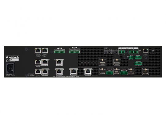 Rear view of a network video recorder (NVR) device showing multiple Ethernet ports, HDMI outputs, green terminal blocks for alarm and audio connections, and a power socket on the left; each connector is clearly labeled.