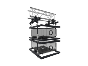 3D-rendered image of a scientific instrument featuring two vertically stacked glass chambers supported by metal frames and structural supports, with SmartMetals mounting systems securing additional equipment on a horizontal metal rail above the chambers. Ideal for laboratory use.