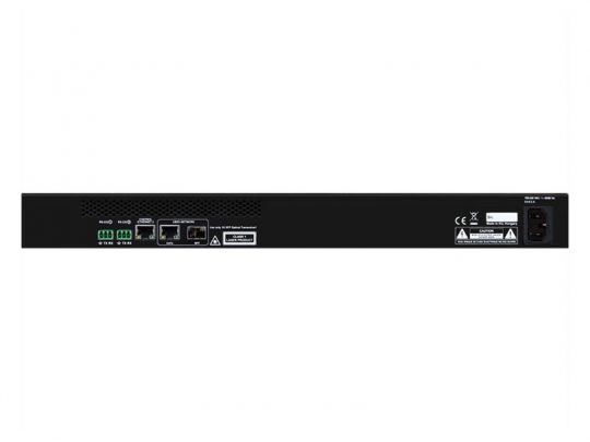 Rear view of a black electronic device, possibly a network switch or industrial controller, featuring Ethernet, USB, terminal connectors, power input, and visible safety labels. All ports are clearly labeled on the clean surface for easy identification.