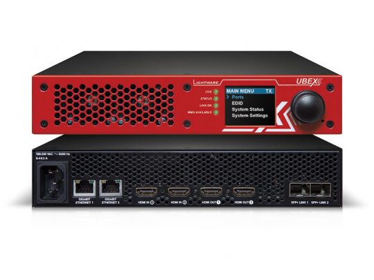 Front and rear views of the Lightware UBEX device. The front displays a red panel with ventilation holes, a digital display screen, and control buttons. The rear shows multiple ports including Ethernet, HDMI, SFP fiber connections, and power input for high-end AV signal transmission.