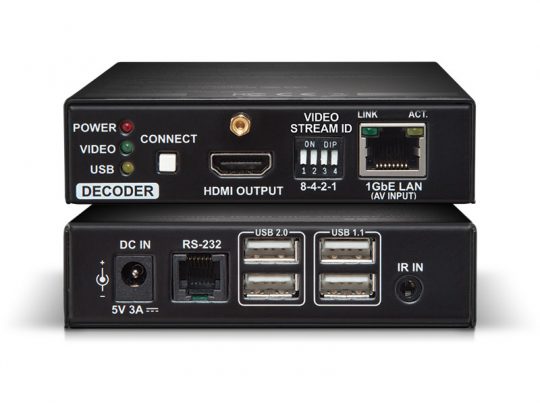 Two black electronic decoder boxes, possibly TV or AV decoders, are stacked together. The front panel displays indicator lights and an IR sensor, while the back panel features multiple ports including HDMI output, two USB ports, Ethernet/LAN port for internet connection, RS-232 for remote control connection, IR input for external sensors, and a power input. Designed for home entertainment systems or professional AV setups.