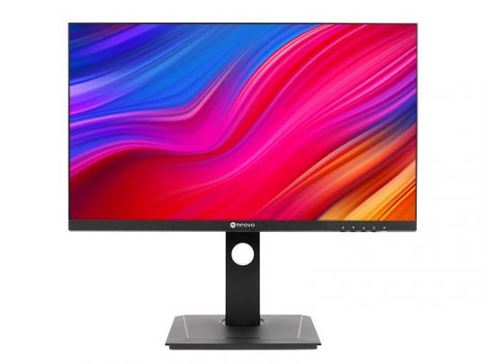 Flat-screen computer monitor with a thin black bezel and rectangular base, displaying a vibrant abstract background of swirling pink, red, blue, and orange colors. Perfect for home office or gaming setups.