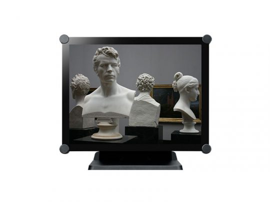 Computer monitor displaying a photograph of four white classical bust sculptures facing different directions, set against a dark background in a museum or gallery. Perfect for art and design inspiration.