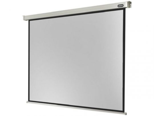 Celexon Professional motorised projector screen with black border, wall-mounted on a white wall; features a blank white surface—perfect for home theaters and easy installation.