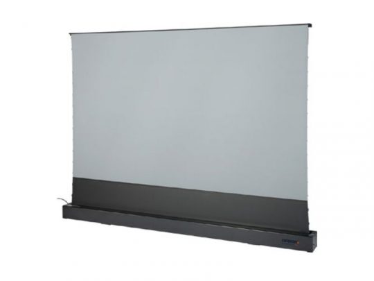 Celexon Home Cinema CLR Bodenscheren motorised screen with a gray projection surface and slim black base, ideal for presentations or home theater setups; delivers superior image quality in any room.