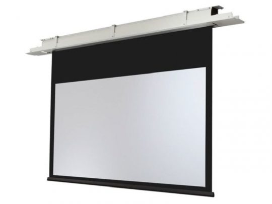 Celexon Expert Motorised Ceiling Projection Screen shown installed; retractable white screen with black border descends from a slim, ceiling-mounted frame for sharp, high-quality visuals in home or office environments.