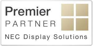 Logo with text Premier PARTNER NEC Display Solutions in black; to the right, four gold squares arranged in a 2x2 grid on a white background. This clean, professional logo represents NEC Display Solutions Premier Partner status—find more at Logando.