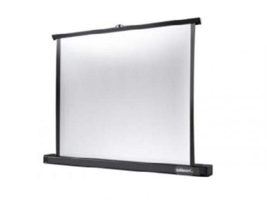 Celexon table screen Professional—portable tabletop projector screen with a sleek black frame, bright white display surface, and sturdy rectangular base for clear, sharp presentations. Ideal for office meetings or home use.
