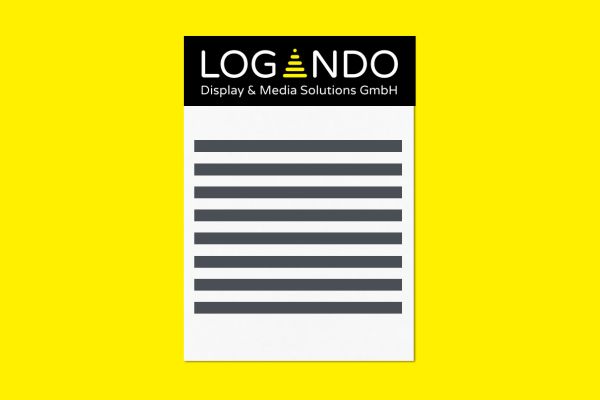 LOGANDO Display & Media Solutions GmbH branded document on a bright yellow background, featuring the LOGANDO logo and company name at the top above grey lines simulating text, highlighting professional media solutions.