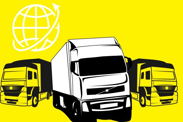 Illustration of three delivery trucks on a bright yellow background, featuring a white globe and arrow icon in the top left, representing global logistics and transportation services. Perfect for promoting international shipping or courier solutions.