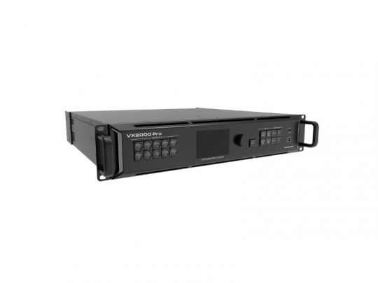 NovaStar VX2000 Pro All-In-One LED Controller (new model) in a sleek black rackmount design, featuring a front display screen, control buttons, and multiple input ports—designed for professional AV setups and LED display management.