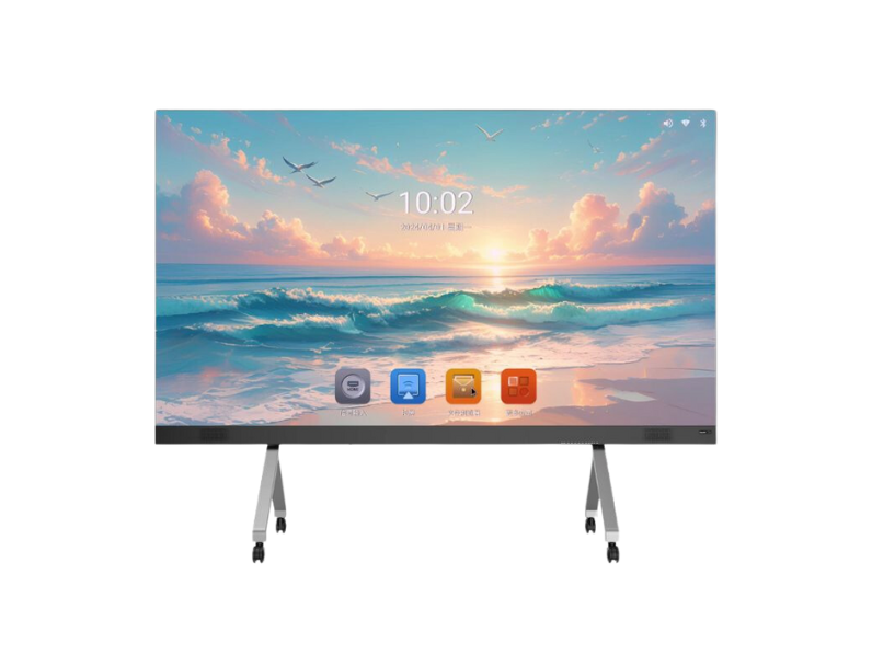 Samsung 55-Inch Smart TV on two slim legs displays a vivid beach sunrise with waves, clouds, and birds. The screen shows app icons and the time 10:02 in the lower corner. Ideal for immersive home entertainment.