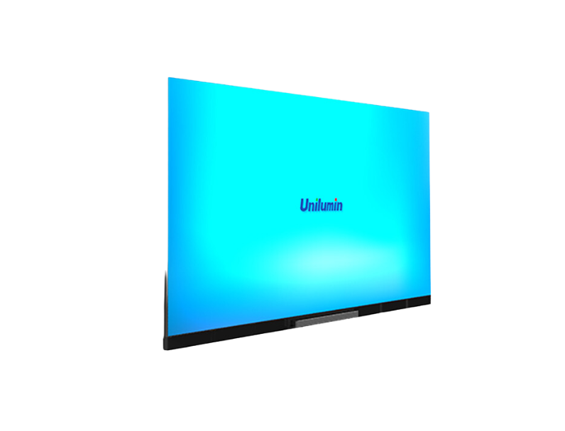 Unilumin thin modern display screen shown at an angle, featuring a vivid blue gradient and the word Unilumin centered on the screen; transparent background.