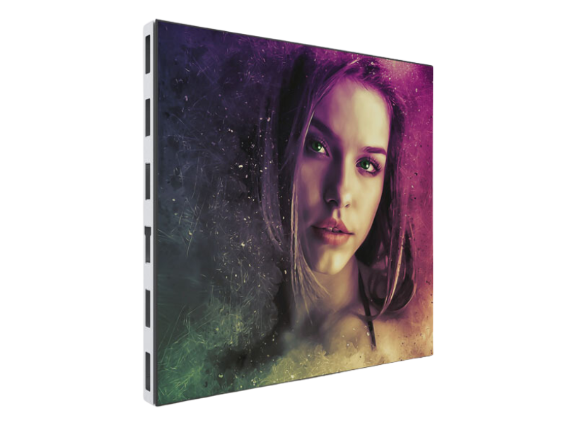 Digital painting of a young woman with long hair and striking green eyes, featured on a square canvas. The artwork showcases a dreamy effect with vibrant purple, green, and yellow hues in an abstract background. Perfect wall art for modern home decor or as a unique gift idea.