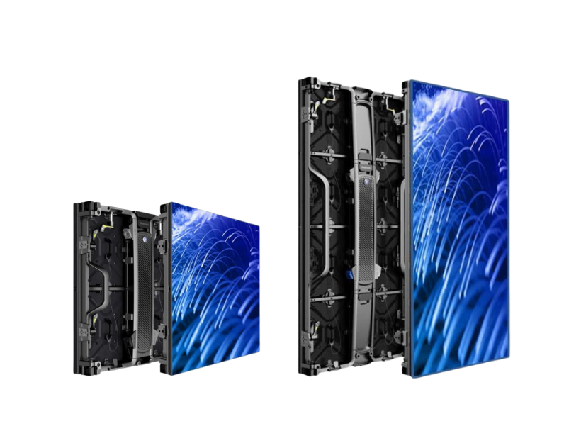Product photo showing three large LED display panels, featuring vibrant blue abstract designs on the screens. The LED panels are displayed from various angles to showcase their ultra-thin profile and modular back structure. All three panels are set against a plain white background. Ideal for digital signage or video wall installations.