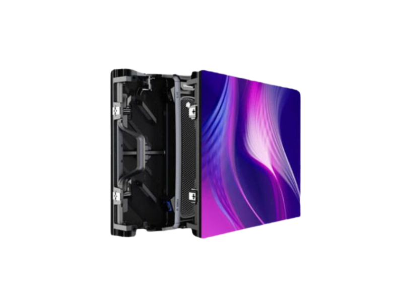 Large LED display panel, partially open to show internal electronic components, with front view displaying vibrant abstract purple and pink light patterns on screen.