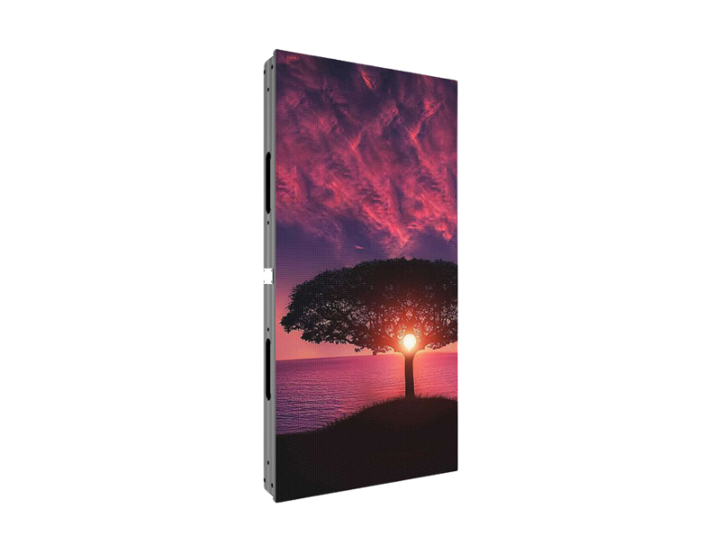 Digital display panel showing a vibrant sunset landscape with the sun shining through tree branches, pink clouds in the sky, and calm water below—perfect for home or office decor.