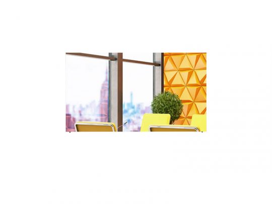 Modern office interior featuring bright yellow chairs around a wooden table, a vibrant green potted plant, and a geometric yellow accent wall. Large windows in the background reveal a blurred cityscape, creating an open and inviting workspace atmosphere. Ideal for contemporary office inspiration.
