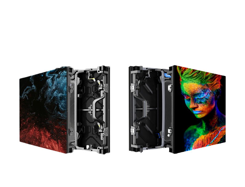 Two high-definition LED display panels, labeled as the XYZ Ultra HD LED Screens, are shown; one panel displays vibrant abstract art while the other features bright digital artwork of a person. Both panels are partially separated to reveal their internal electronic components and modular design, highlighting the screens’ vivid colors and advanced construction.