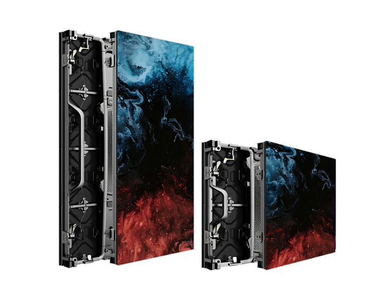 Three large rectangular LED display panels showing swirling blue, black, and red abstract graphics. One panel is shown from the front, while the other two are angled to reveal their internal structure and connectors. Suitable alt text for LED display panel product images focused on design and technical features.