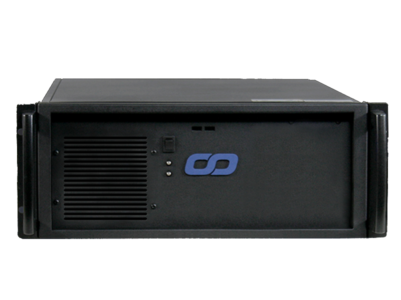 Frontansicht eines schwarzen Rackmount-Servers mit Lüftungsschlitzen, Power-Button und blauem Logo auf der Frontblende - idealer Server für Unternehmen, zum Kaufen oder Mieten.