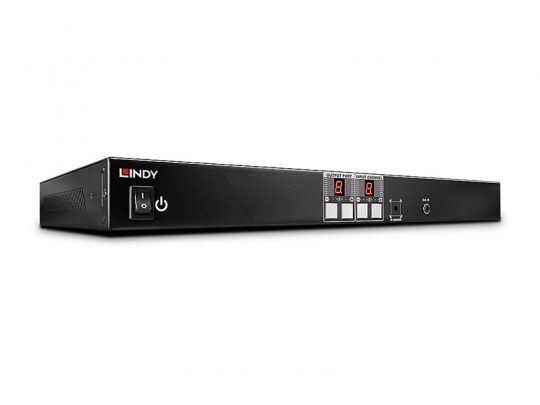 Schwarzes Lindy Rackmount-Netzwerkgerät mit Power-Taste, Display-Anzeigen, Steuerknöpfen, USB-Anschluss und LED-Statusleuchten auf der Frontseite - ideal zum Mieten oder Kaufen. Perfektes Netzwerkgerät für professionelle IT-Lösungen und zuverlässige Netzwerkinfrastruktur.