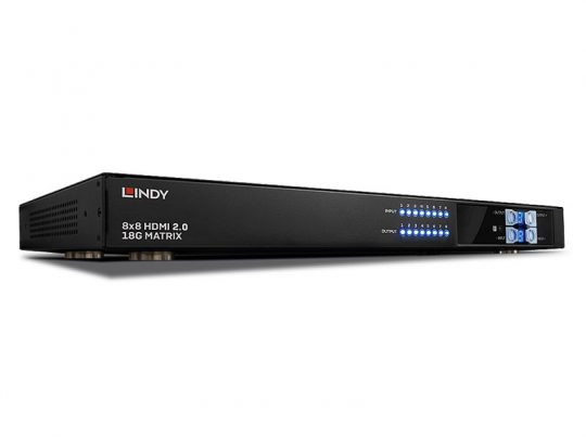 Schwarzer Lindy 8x8 HDMI 2.0 18G Matrix Switch mit mehreren Eingabe- und Ausgabetasten samt blauen LED-Anzeigen auf der Frontseite, vor weißem Hintergrund. Das Gerät ist zum Kaufen oder Mieten erhältlich.