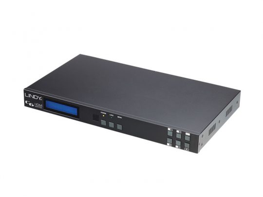 LINDY Rackmount Steuergerät - Schwarzes, rechteckiges Elektronikgerät mit Tasten, kleinem Display und Statusleuchten an der Front; ideal zur Netzwerk- oder AV-Steuerung, zum Kaufen oder Mieten erhältlich.