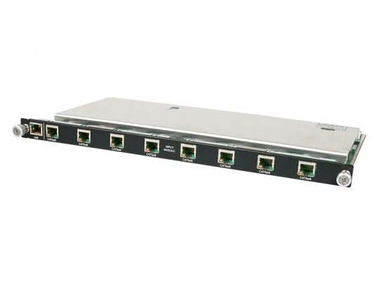 Netzwerk-Switch-Modul mit acht Ethernet-Ports und Metallgehäuse auf weißem Hintergrund, erhältlich zur Miete oder zum Kauf. Perfekt für flexible Netzwerklösungen im professionellen Einsatz.